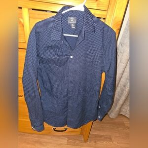 H&M Navy Blue/dotted Slim Fit  Long-Sleeve Button-Down Shirt EUC Size Medium